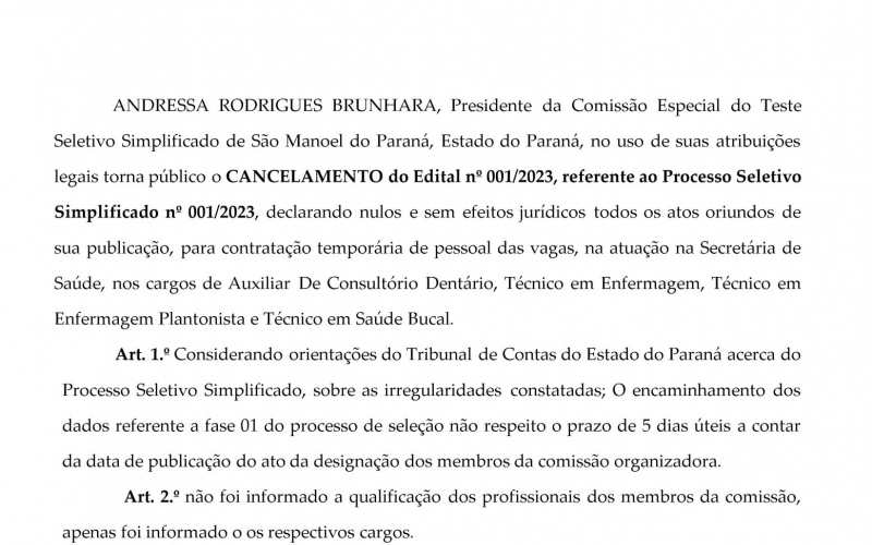 CANCELAMENTO do Edital nº 001/2023, referente ao Processo Seletivo Simplificado nº 001/2023